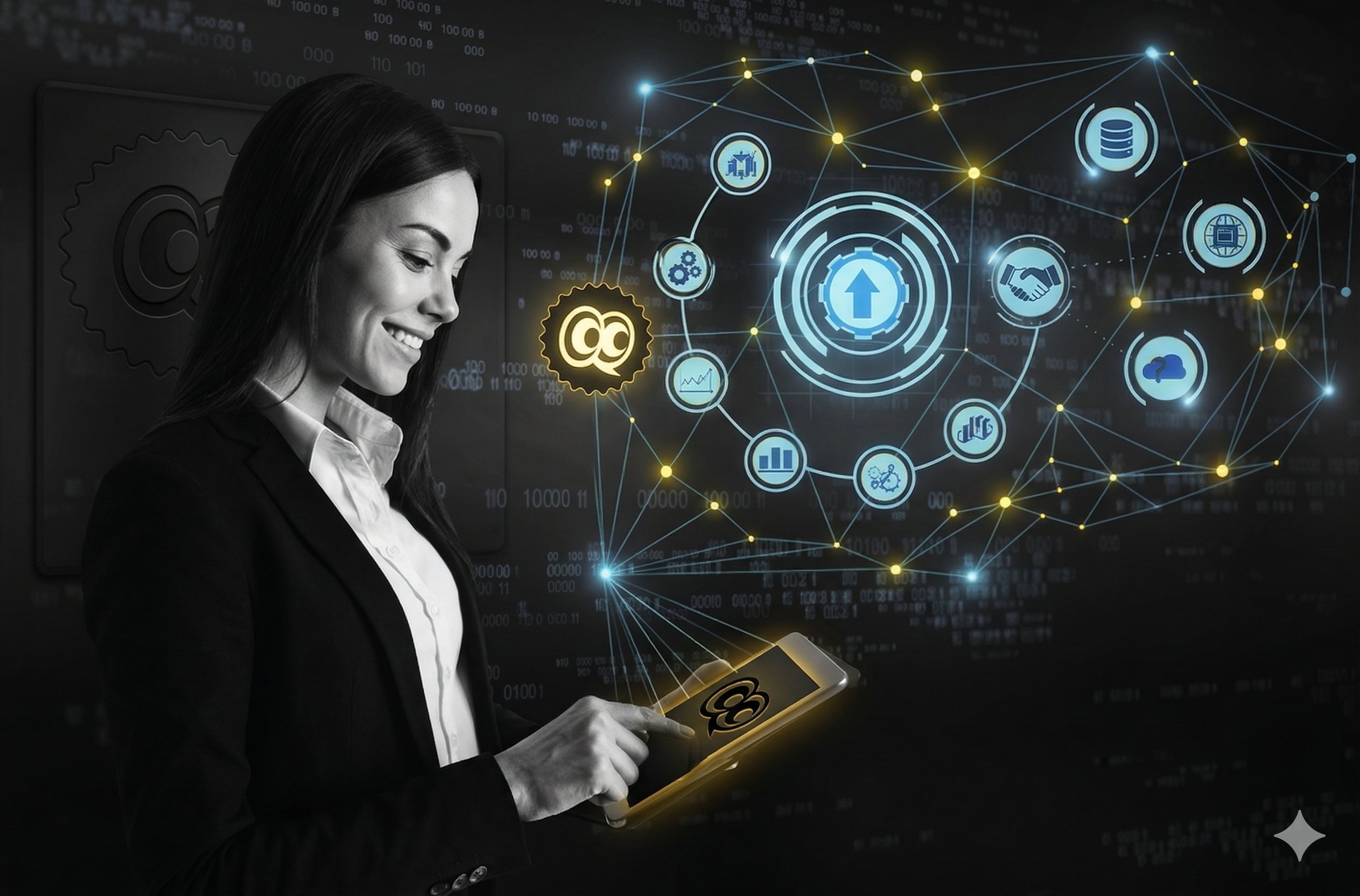 agência de IA para advogados — advogada com tablet e rede de automação de marketing jurídico digital