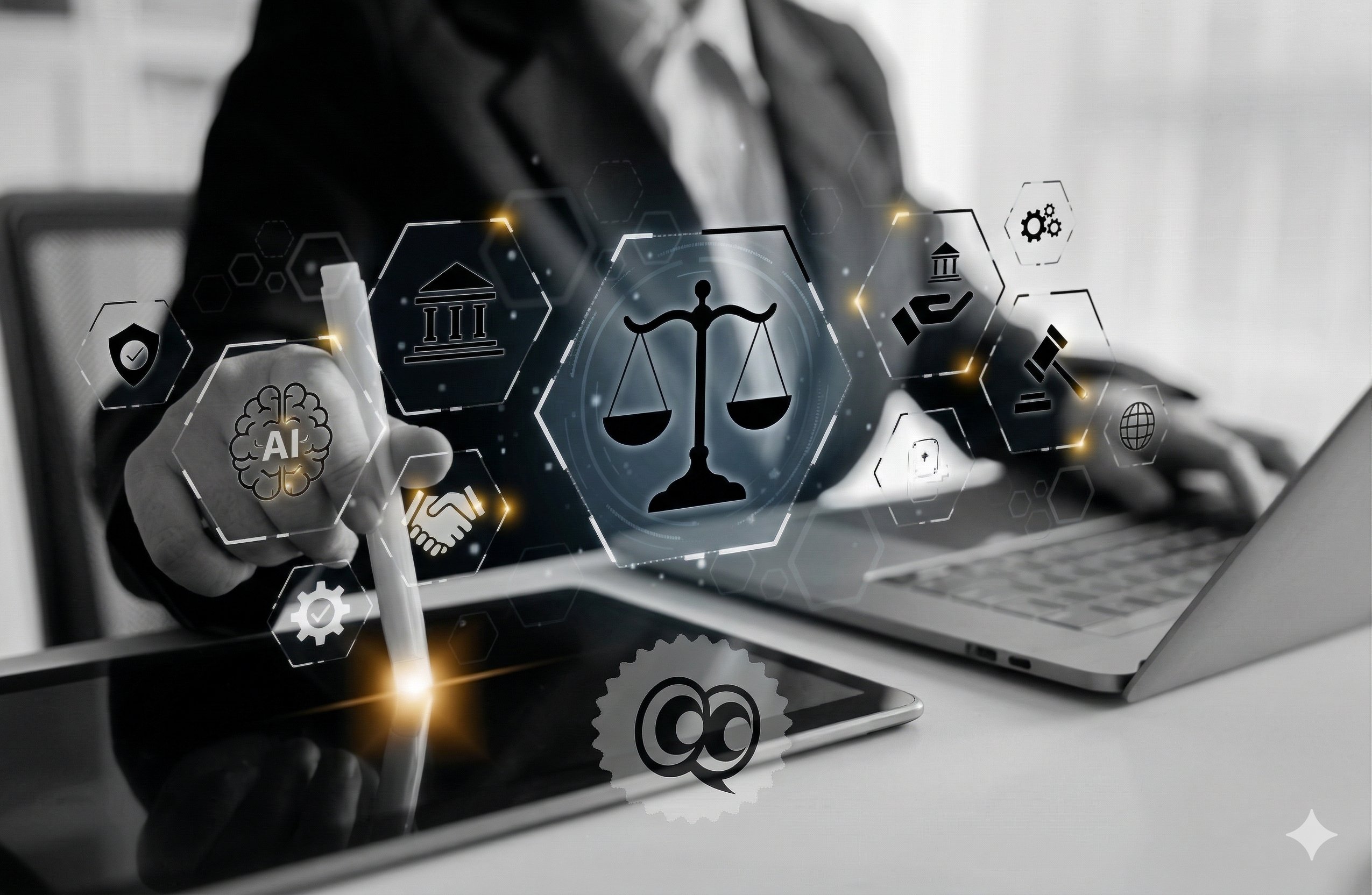agência de marketing para advogados com IA — escritório jurídico com inteligência artificial e balança da justiça digital