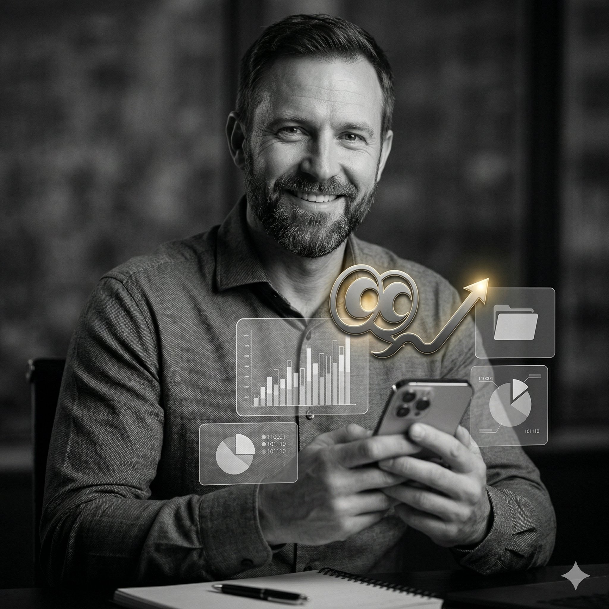 marketing digital com automação inteligente — empresário acompanhando resultados de marketing com IA